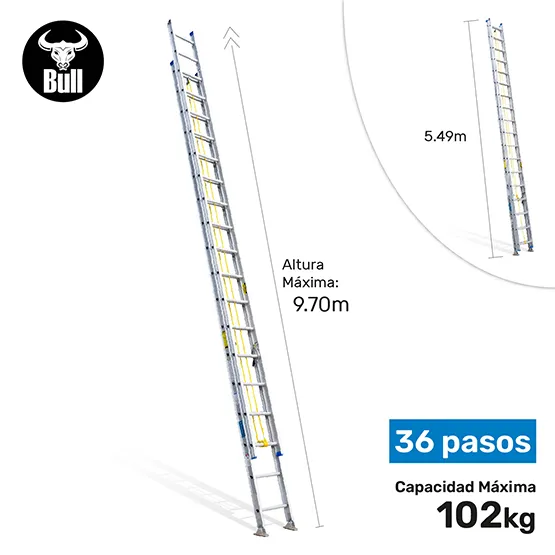 ESCALERA ALUMINIO TELESCOPICA 36 PASOS 102KG 9.70m ATT102-36II AMERICAN BULL