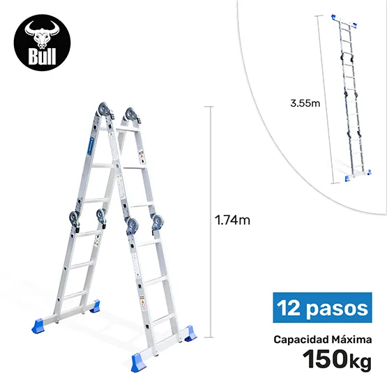 ESCALERA ALUMINIO MULTIUSOS + PLATAFORMA 12 PASOS 150KG AM150-12IA+ PASOS AMERICAN BULL