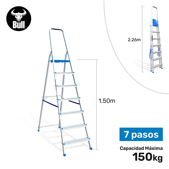 ESCALERA ALUMINIO TIPO BANQUETA 7 PASOS 150KG 1.50m AB150-7IA AMERICAN BULL