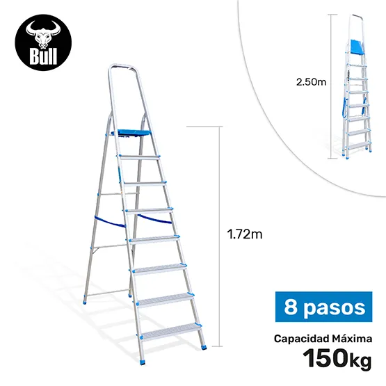 ESCALERA ALUMINIO TIPO BANQUETA 8 PASOS 150KG 1.72m AB150-8IA AMERICAN BULL