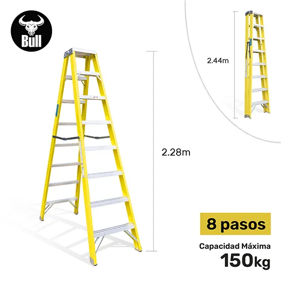 ESCALERA FIBRA TIJERA DOBLE ACCESO 8 PASOS 150KG 2.44m FTD150-8IA AMERICAN BULL