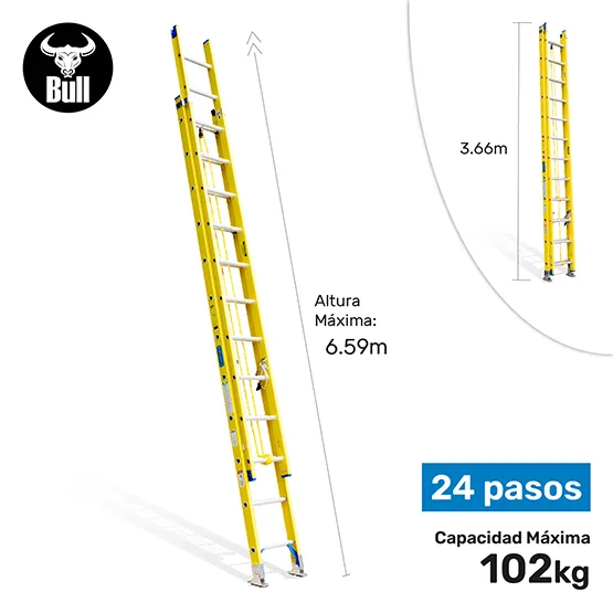 ESCALERA FIBRA TELESCOPICA 24 PASOS 102KG 6.59m FTT102-24II AMERICAN BULL