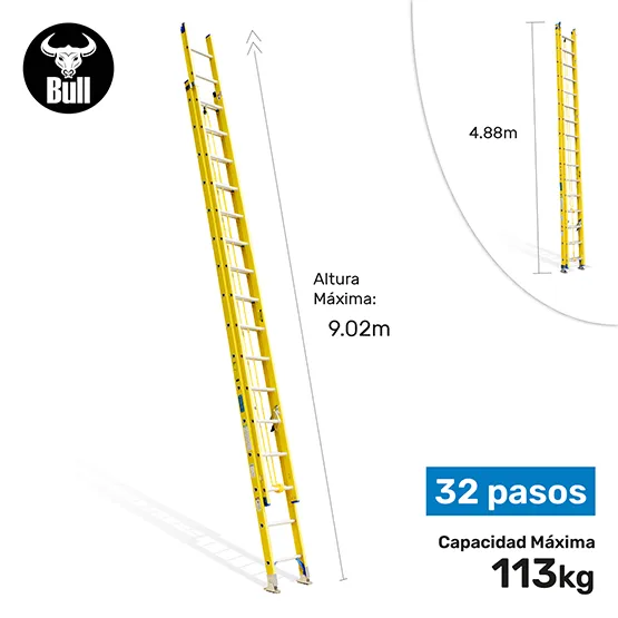 ESCALERA FIBRA TELESCOPICA 32 PASOS 113KG 9.02m FTT113-32I AMERICAN BULL