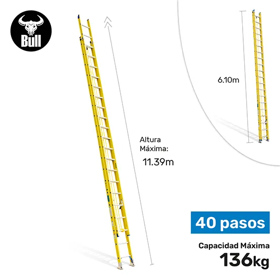 ESCALERA FIBRA TELESCOPICA 40 PASOS 136KG 11.39m FTT136-40IA AMERICAN BULL