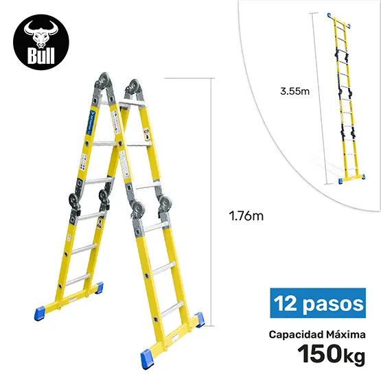 ESCALERA FIBRA MULTIUSOS + PLATAFORMA 12 PASOS 150KG FM150-12IA+ PASOS AMERICAN BULL