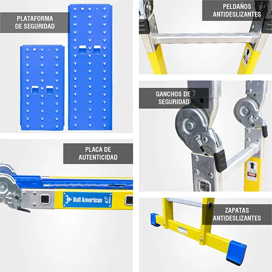 ESCALERA FIBRA MULTIUSOS + PLATAFORMA 12 PASOS 150KG FM150-12IA+ PASOS AMERICAN BULL