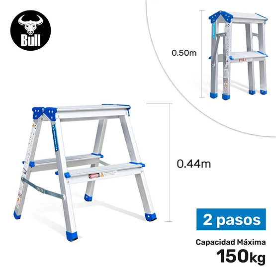 ESCALERA ALUMINIO TIPO BANQUETA DOBLE 2 PASOS 150KG 0.44m ABD150-2IA AMERICAN BULL