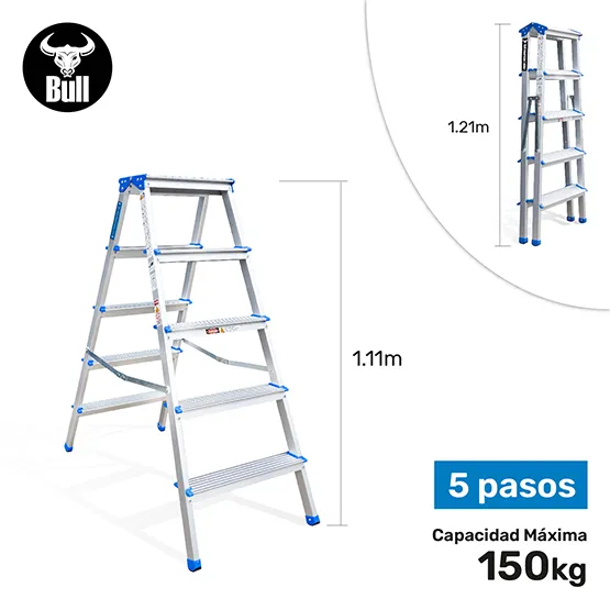 ESCALERA ALUMINIO TIPO BANQUETA DOBLE 5 PASOS 150KG 1.11m ABD150-5IA AMERICAN BULL