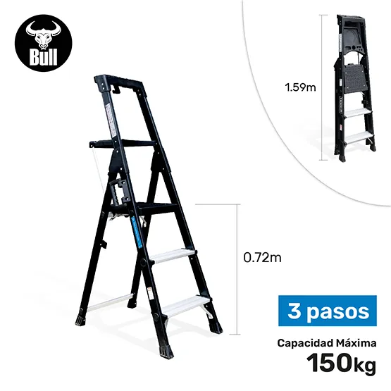 ESCALERA ALUMINIO PORTÁTIL HIGH QUALITY 3 PASOS 150KG 0.72m APHQ150-3IA AMERICAN BULL