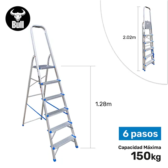 ESCALERA ALUMINIO TIPO BANQUETA ECONOMIC 6 PASOS 150KG 1.28m EAB150-6IA AMERICAN BULL