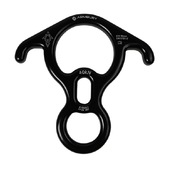 DESCENSOR TIPO OCHO CON OREJAS ALUMINIO NEGRO 40 kN EN 15151-2 FIGURE 8 RES 4153253 ARMBURY