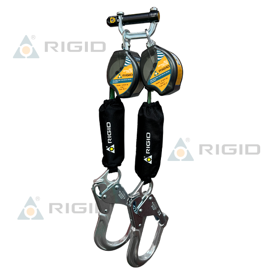 LÍNEA RETRÁCTIL DOBLE (TWIN) N-9327-06 · LONGITUD: 1.8 m (6 ft) · CINTA: 19 mm (3/4”) UHMW-PE · ABSORBEDOR EXTERNO · CONECTOR DUAL N-331 + GANCHO ALUMINIO 61 mm N-5271T · RIGID