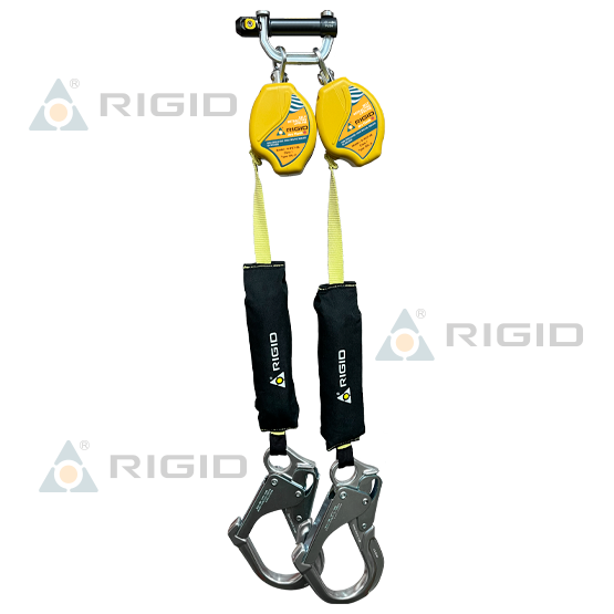 LÍNEA RETRÁCTIL DOBLE (TWIN) N-9127-06 · LONGITUD: 1.8 m (6 ft) · CINTA: 19 mm (3/4”) KEVLAR · ABSORBEDOR EXTERNO · CONECTOR DUAL N-331 + GANCHO ALUMINIO 61 mm N-5271T · RIGID