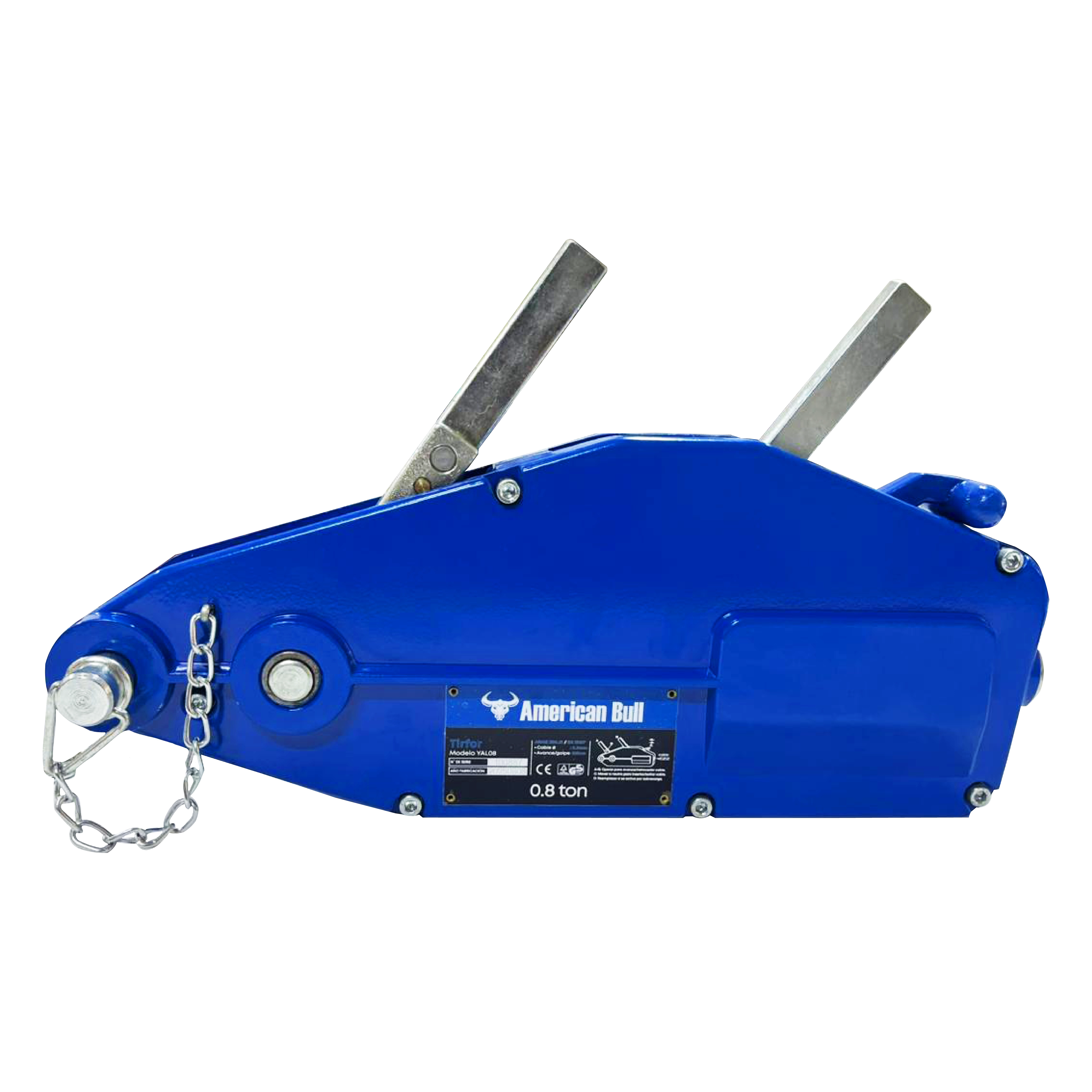TIRFOR YAL08 · CAPACIDAD: 0.8 T · CABLE DE ACERO: Ø 8.3 mm · CARCASA DE ALUMINIO · AMERICAN BULL