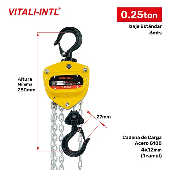 TECLE MANUAL 0.25T YAL0025 3mtsCARGA 4x12mm(1) G100 - 3mtsMANDO 3x15x10mm(2) VITALINTL